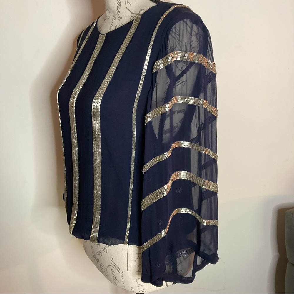Alice + Olivia 100% Silk Fully Silver Beaded Navy Blue Blouse Bell Sleeves
